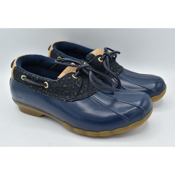Sperry Womens Size 7 Saltwater 1 Eye Cheetah Navy Slip on Duck Boots Shoes - Picture 2 of 12